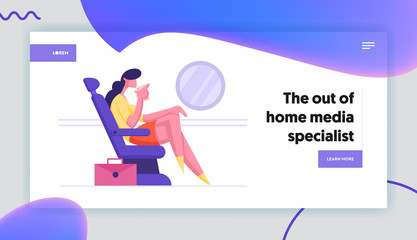 Fototapeta na wymiar Businesswoman Passenger Travel by Plane Website Landing Page. Young Business Woman Sit in Airplane Seat and Drinking Beverage. Corporate Airline Trip Web Page Banner. Cartoon Flat Vector Illustration