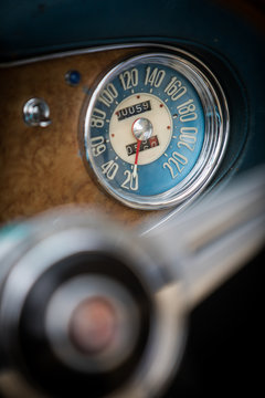 Speedometer on a vintage car's dashboard