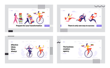 Business Competition Racing People Website Landing Page Set. Office Workers Men and Women Riding Monowheel Bicycle, Leadership Goal Achievement Concept Web Page Banner Cartoon Flat Vector Illustration © Anna Syvak