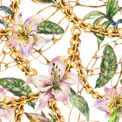 Watercolor gold chains and rings seamless pattern with white royal lilies, fashion vintage luxury elements