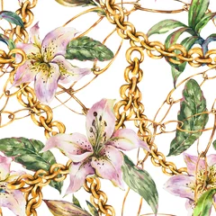 Papier Peint photo autocollant Élément floral et bijoux Modèle sans couture de chaînes et d& 39 anneaux en or à l& 39 aquarelle avec des lys royaux blancs, éléments de luxe vintage à la mode