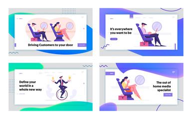 Obraz na płótnie Canvas Business Trip and Race Website Landing Page Set. Businessman and Woman Sitting in Airplane, Passengers Traveling by Plane, Man Riding Monowheel Cycle Web Page Banner. Cartoon Flat Vector Illustration