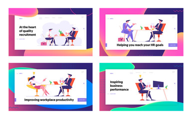 Job Interview Website Landing Page Set. Selection Committee Manager Ask Questions to Applicant Candidate About Work History Skill Expertise Experience Web Page Banner. Cartoon Flat Vector Illustration