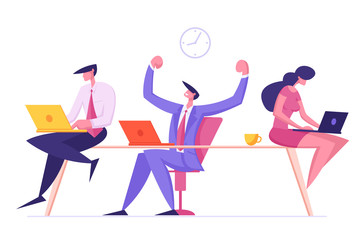 Male and Female Employees Characters Sitting in Office Workplace, Cheerful Business Man Demonstrate Muscles Rejoice of New Working Project Creative Idea Teamwork Group Cartoon Flat Vector Illustration