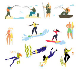 Summer Time Sports Activity and Hobby Set. Male and Female Characters Relaxing on Summertime Vacation Diving Surfing Fishing. Men and Women Water Fun Holidays Resort Cartoon Flat Vector Illustration