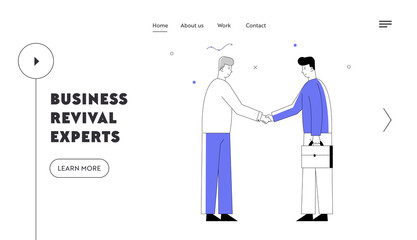 Partnership Concept Website Landing Page. Business Partners Men Handshaking, Businesspeople Meeting for Project Discussion, Agreement and Negotiation Web Page Banner. Cartoon Flat Vector Illustration