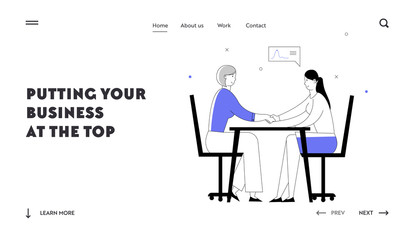 Shaking Hands Agreement Negotiation Website Landing Page. Business Partners Women Characters Handshaking Partnership Concept of Businesspeople Meeting Web Page Banner. Cartoon Flat Vector Illustration