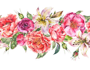 Vintage Watercolor Seamless Border with Blooming Flowers. Roses and Peonies, Royal Lilies.