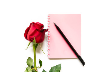 A single red rose with note book and pen on white background