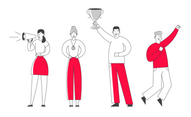 Business Team Celebrate Victory, Smiling Businessman Hold Winner Cup Stand on Winners Pedestal. Cheerful Men and Women Workers with Most Great Results Best Employee. Cartoon Flat Vector Illustration