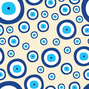 Seamless Pattern With Blue Evil Eye Vector - Beige Background