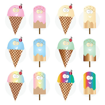 smiling cartoon ice creams in multiple colors vector set