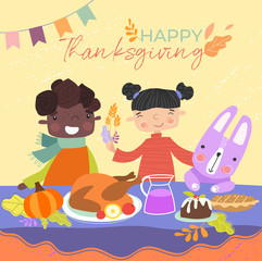 Kids are enjoying Thanksgiving dinner with their pet rabbit sitting down to a roast turkey and pudding at the table with text and decorations, vector illustration