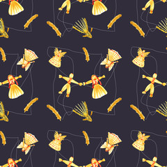 Straw dolls seamless pattern on dark black background. Hand drawn watercolor illustration straw toys of hay. Angels, bird,horse, man and woman