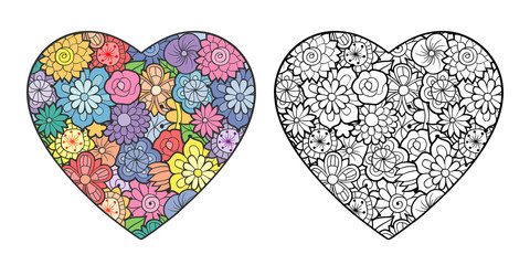 Hearts decorated with floral pattern. Outline and colored version. Antistress adult coloring page