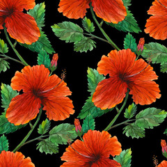 Fototapeta premium Watercolor original painting of red hibiscus seamless pattern