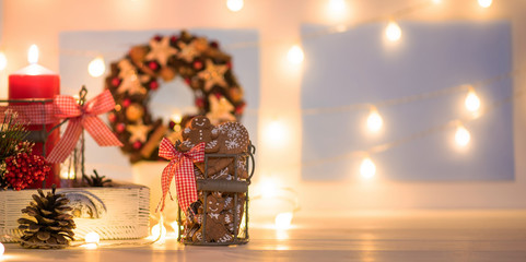 Christmas cookies with festive decoration. Homemade gingerbread. Winter decoration background. Christmas illuminations.