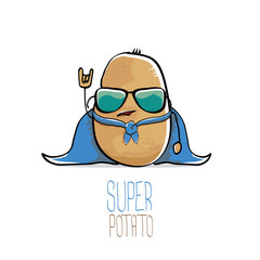 Fototapeta premium vector funny cartoon cute brown super hero potato with blue hero cape and hero mask isolated on white background. My name is potato vector concept. super vegetable food character