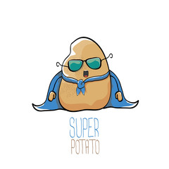 Fototapeta premium vector funny cartoon cute brown super hero potato with blue hero cape and hero mask isolated on white background. My name is potato vector concept. super vegetable food character