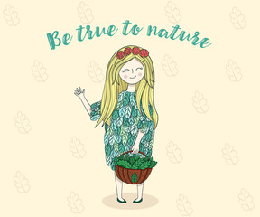 Earth Day card Poster, banner design. Save the planet Cute gold hair little girl in dress with leaves. Happy eco summer, spring illustration Save the nature Be true the nature