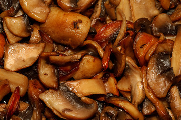 Fried champignon mushrooms in a pan closeup background texture