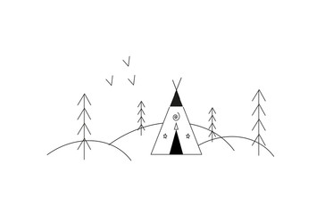 Wild camping in a scandinavian forest with wigwam and trees, travel concept or back to basics