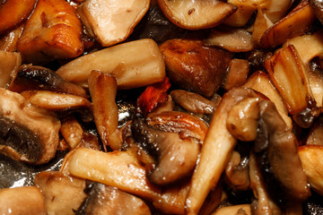 Fried champignon mushrooms in a pan closeup background texture