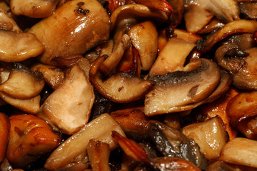 Fried champignon mushrooms in a pan closeup background texture