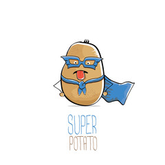 vector funny cartoon cute brown super hero potato with blue hero cape and hero mask isolated on white background. My name is potato vector concept. super vegetable food character