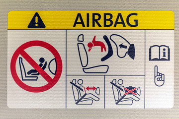Air bag sticker label warning instruction symbol in car