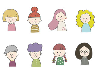 Set of hand drawn various women, vector illustration.