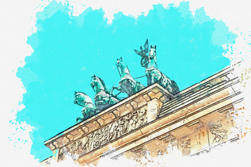 Watercolor sketch or illustration of a beautiful view of the Brandenburg gate in Berlin in Germany. © franz12