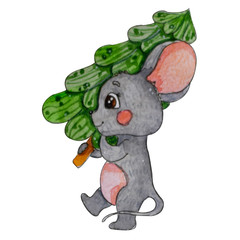 Hand painted watercolor mouse.Chinese Year of the mouse.Cartoon smiling mouse illustration.Mouse carring a christmas-tree.New Year card.Isolated on white background for invitation, design, print..