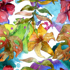 Exotic tropical hawaiian summer. Watercolor background illustration set. Seamless background pattern.
