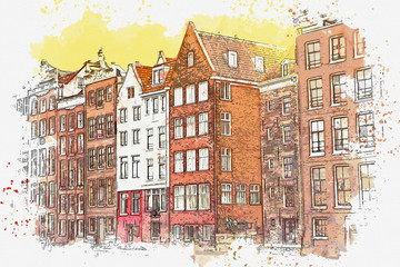 Watercolor sketch or illustration of traditional architecture in Amsterdam in the Netherlands