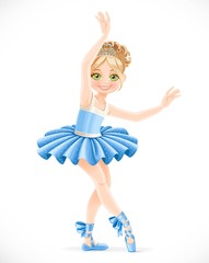 Fototapeta premium Ballerina girl with a diadem in hair in blue dress dancing isolated on white background