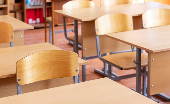 Empty school class after class. School desks and chairs, back to school.