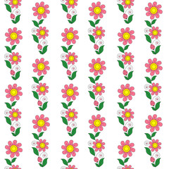 Pink flowers and leaves on a white background, seamless pattern.