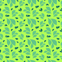 On a green background, stylized leaves - light green and dark green, summer background.