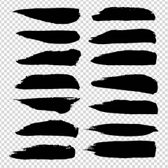 Black ink brushstrokes abstract textured big set isolated on imitation transparent background