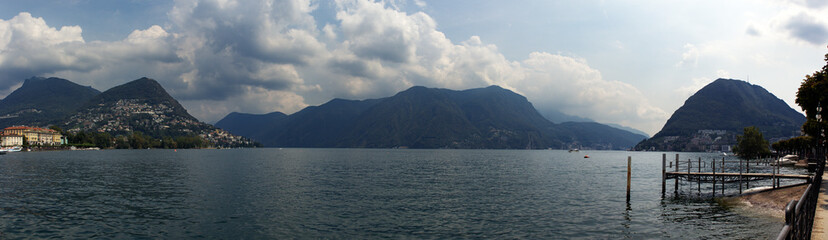 Landscape of Lugano Lake by day. Lake Lugano (Lago di Lugano), Ticino canton, Switzerland
