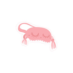 Fashion sticker of a cute pink sleeping mask with closed eyes and eyelashes.