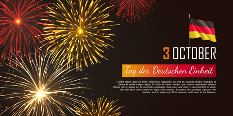 Germany independence day greeting card. Realistic fireworks and fluttering flag. Tag der Deutschen Einheit. Inscription in german Day of german unity. National patriotic holiday vector illustration.