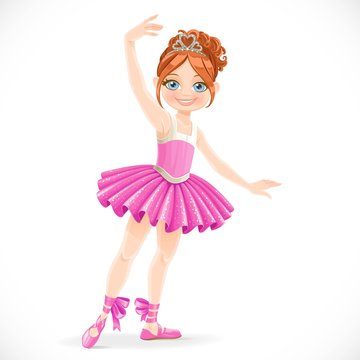 Cartoon ballerina girl in pink dress dancing on a white background