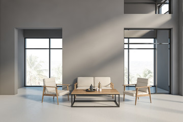 Gray living room interior with sofa and armchairs