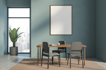 Blue dining room interior with mock up poster