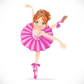 Ballerina girl in pink dress dancing on one leg isolated on a white background