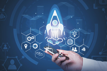 Man hand with phone, start up hud interface