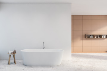 Naklejka na ściany i meble Beige and white tile bathroom with bathtub