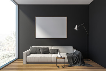 Fototapeta na wymiar Gray living room with sofa and horizontal poster